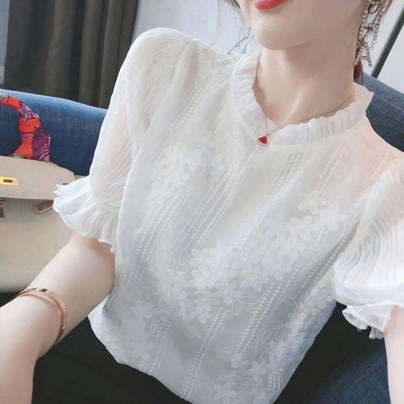 Áo Sơ Mi Chiffon Tay Dài Cổ Tròn Thêu Họa Tiết Phong Cách Retro Thời Trang Xuân Thu Mới Cho Nữ