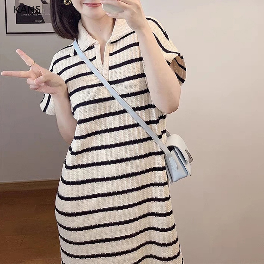 Đầm Thun Dài Cổ Chữ V Tay Ngắn Họa Tiết Kẻ Sọc Đơn Giản Thời Trang Cho Nữ