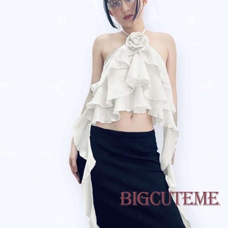 [] - Áo Không Tay Mini Mùa Hè Có Diềm Xếp Nếp Màu Trơn Họa Tiết Hoa 3D Màu Xanh Lam / Hồng / Trắng Cho Nữ