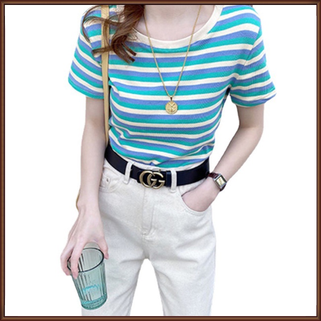 Áo Thun Tay Ngắn Cổ Tròn Dáng Ôm Thoáng Khí In Họa Tiết Kẻ Sọc Cổ Điển Thời Trang Cho Nữ