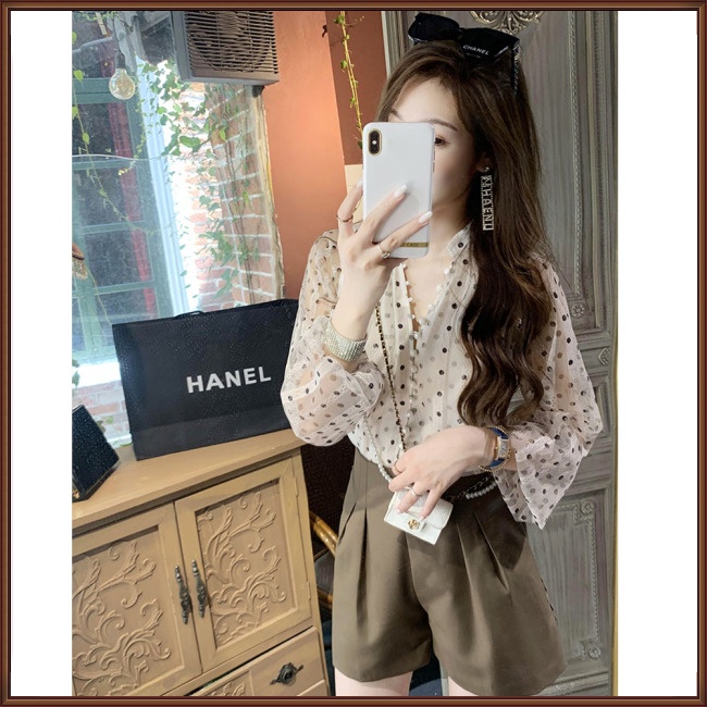 Áo Sơ Mi Chiffon Tay Dài Cổ Đứng Phối Ren Họa Tiết Chấm Bi Phong Cách Phương Tây Thời Trang Mùa Hè Cho Nữ