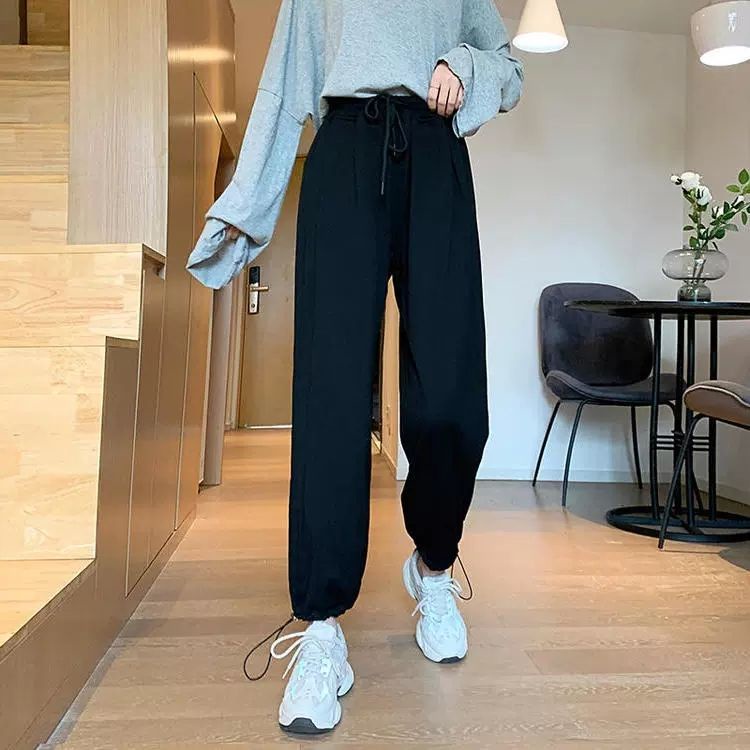 Quần Dài Thể Thao Ống Túm Dáng Rộng Màu Xám Phối Dây Rút Phong Cách Hàn Quốc Thời Trang Mùa Hè Cho Nữ