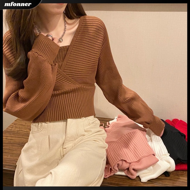 Áo Sweater Dệt Kim Tay Dài Cổ Vuông Chất Liệu Dày Dặn Màu Sắc Đơn Giản Thời Trang Cho Nữ