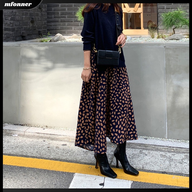 Đầm Thun Dài Tay Cổ Tròn Dáng Chữ A In Họa Tiết Thời Trang Cho Nữ