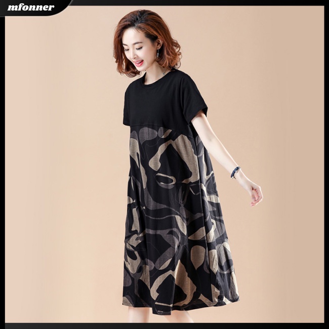 Đầm Chữ A Tay Ngắn Cổ Tròn Dáng Rộng In Họa Tiết Thời Trang Cho Nữ