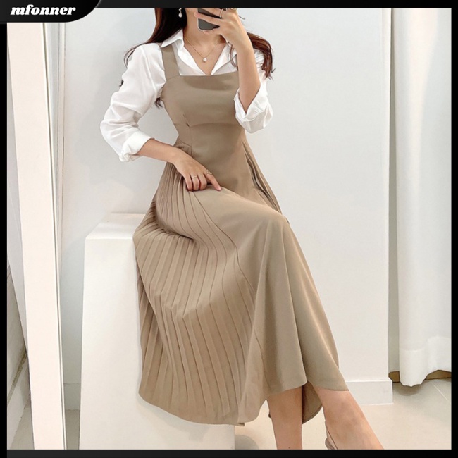 Đầm Dài Hai Dây Cổ Chữ V Xếp Ly Màu Trơn Thời Trang Cho Nữ