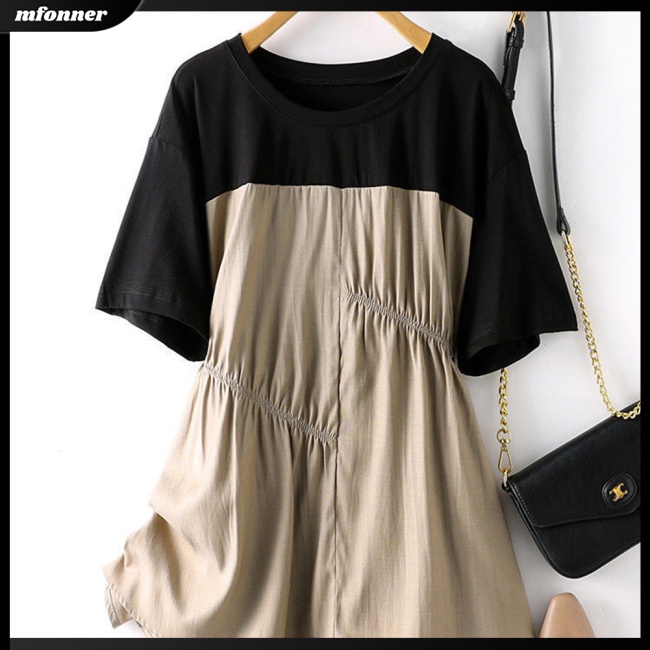 Áo Thun Tay Ngắn Cổ Tròn Dáng Rộng Màu Sắc Tương Phản Phong Cách Retro Dành Cho Nữ
