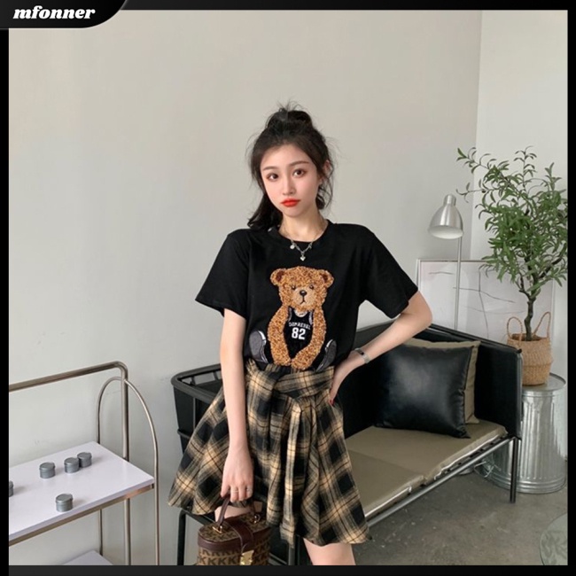 Set 2 Món Áo Thun Cổ Thuyền Ngắn Tay In Hình Gấu + Chân Váy Caro Thời Trang Cho Nữ