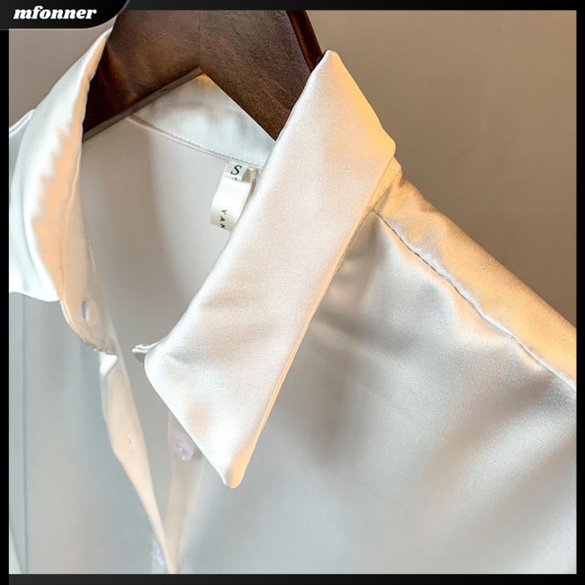 Áo Sơ Mi Satin Dài Tay Dáng Rộng Màu Sắc Đơn Giản Thanh Lịch Cho Nữ