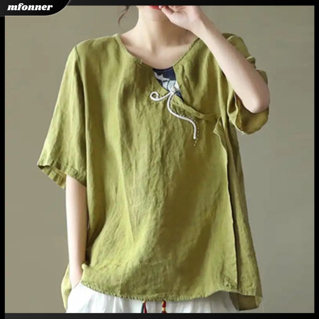 Áo Sơ Mi Vải Lanh Cotton Dáng Rộng Thêu Họa Tiết Kiểu Retro Trung Hoa Cho Nữ