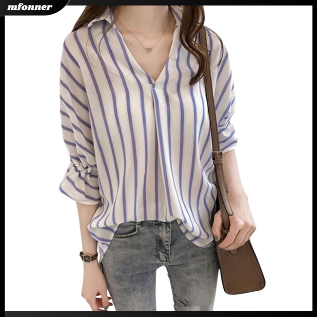 Áo Sơ Mi Chiffon Tay Lửng Dáng Rộng Họa Tiết Kẻ Sọc Thời Trang Mùa Hè Cho Nữ