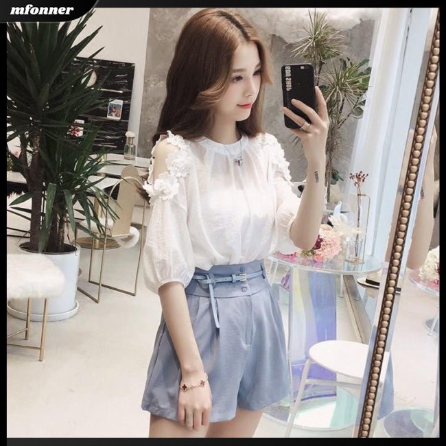 Áo Sơ Mi Chiffon Tay Ngắn Phối Ren Hoa Màu Sắc Trơn Thời Trang Xuân Hè Dành Cho Nữ