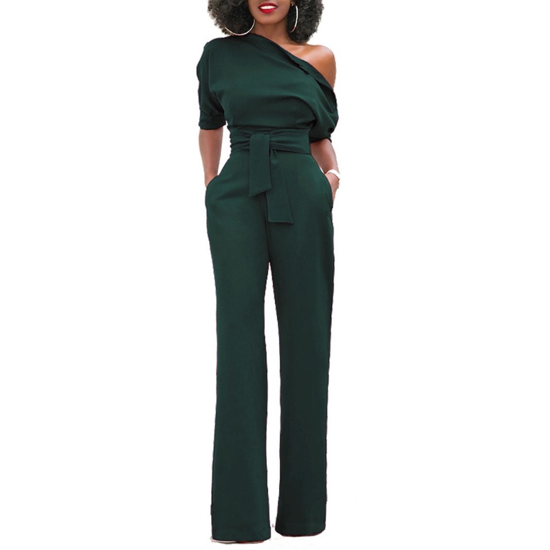 Bộ Áo Liền Quần Trễ Vai Một Mảnh Màu Trơn Kèm Quần Dài Ống Rộng Thời Trang Quyến Rũ Cho Nữ