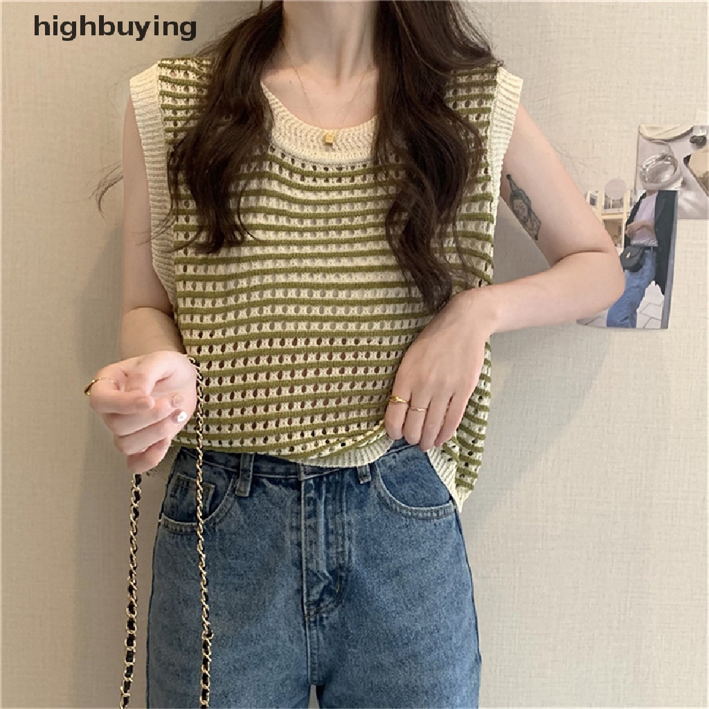 Áo Dệt Kim Không Tay Dáng Rộng Họa Tiết Kẻ Sọc Thời Trang Mùa Hè Cho Nữ