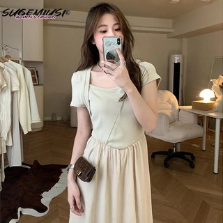 Đầm Thun Dài Cổ Vuông Màu Sắc Retro Dành Cho Nữ