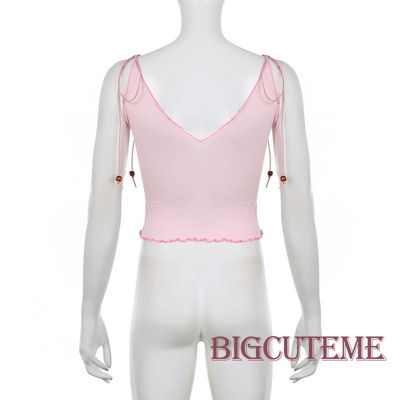 Áo Hai Dây Cổ Chữ V Buộc Dây Hở Lưng In Họa Tiết Bướm Màu Hồng Thời Trang Mùa Hè Cho Nữ