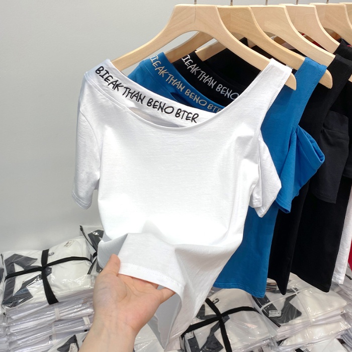 3614#Áo Thun Cotton Ngắn Tay Hở Vai Dáng Ôm Thêu Họa Tiết Thời Trang Mùa Hè 2023 Mới
