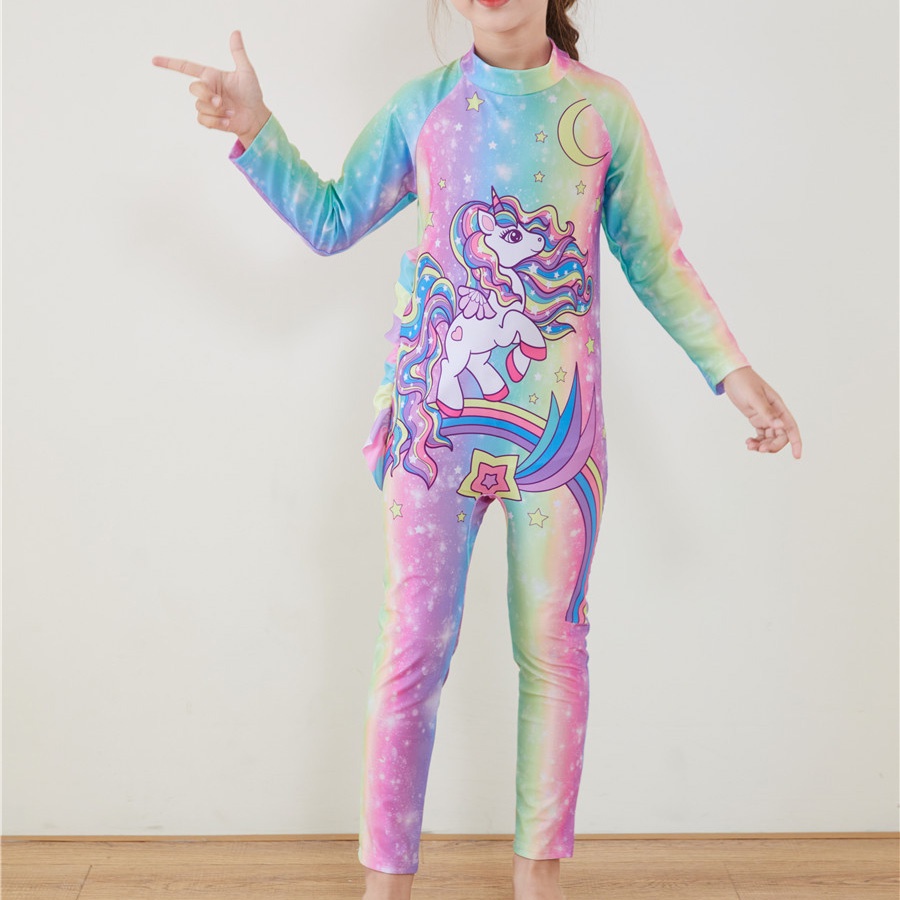 Bộ Đồ Bơi Một Mảnh Áo Tay Dài Chống Trầy Xước Kèm Nón Thời Trang Mùa Hè Chất Lượng Cao Cho Bé Gái 3-12 Tuổi