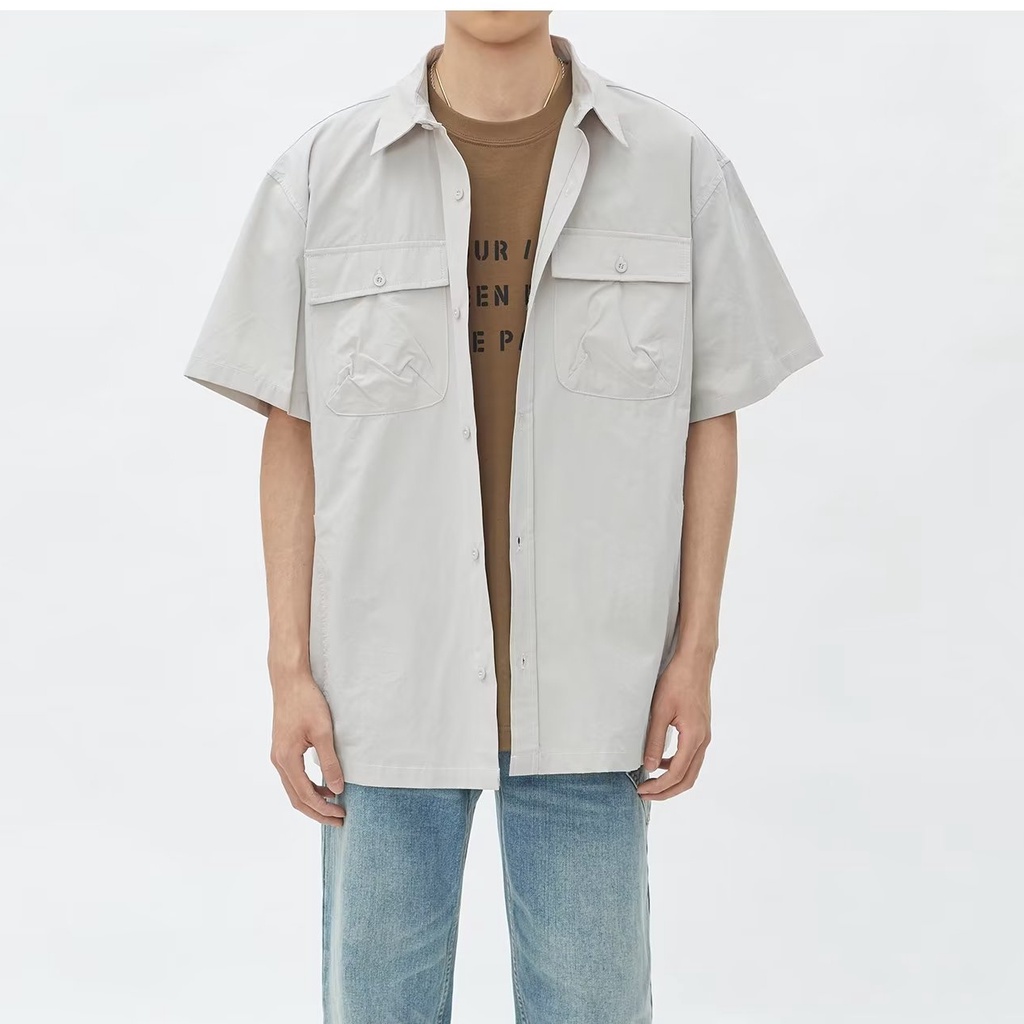 Áo Sơ Mi Ngắn Tay Dáng Rộng Phối Túi Lớn Thời Trang Mùa Hè Nhật Bản Dành Cho Nam