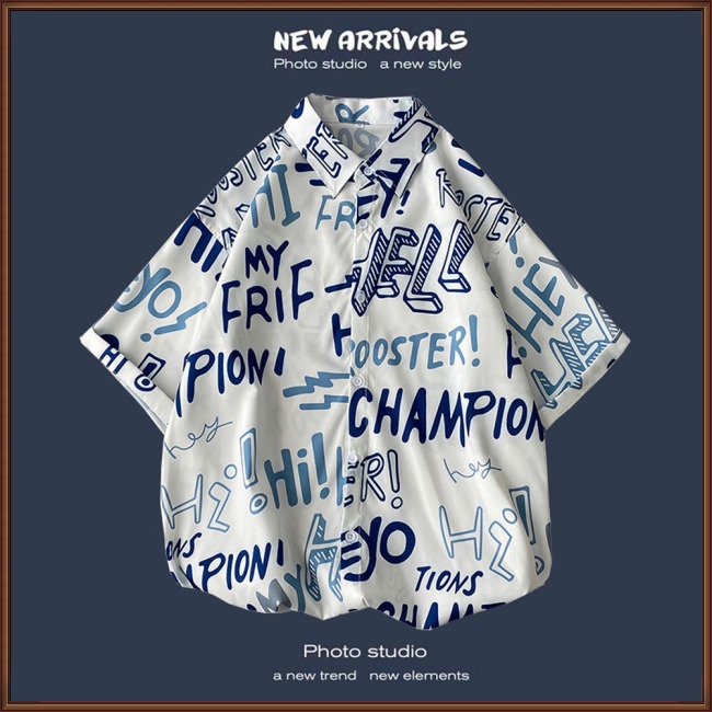 Áo Sơ Mi Nam Tay Ngắn Dáng Rộng In Chữ Phong Cách Hong Kong Thời Trang Mùa Hè