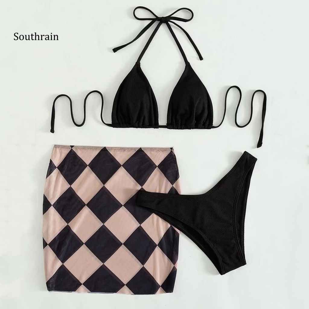 Bộ 3 Món Đồ Bơi Bikini Dạng Váy Hai Dây Nâng Ngực Màu Sắc Trơn In Họa Tiết Hình Học Tùy Chỉnh Cho Nữ
