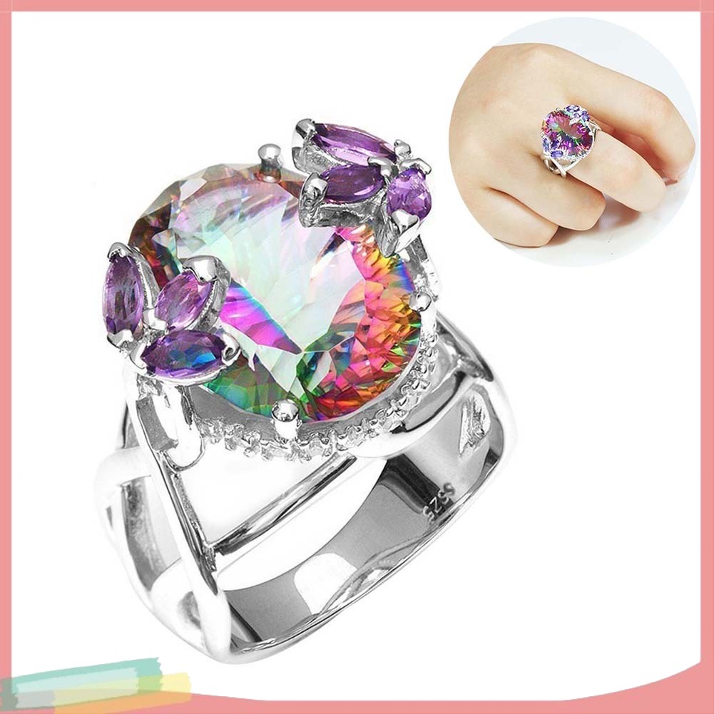 Nhẫn Hợp Kim Trang Trí Hoa Đính Đá Màu Cầu Vồng Xinh Xắn Cho Nữ