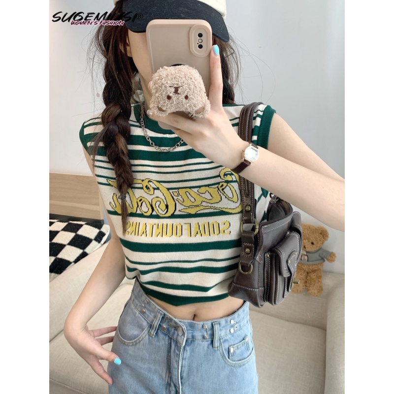 Sugemiusi Áo Dệt Kim Không Tay Dáng Rộng Ngắn Lưng Phong Cách Âu Mỹ Retro Mùa Hè Dành Cho Nữ