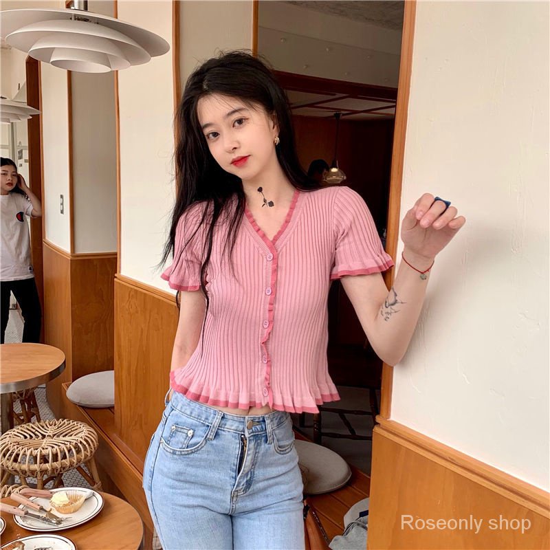 Áo Dệt Kim Cổ Chữ V Màu Tương Phản Phong Cách Hàn Quốc Thời Trang Mùa Hè 2023 Kích Thước Lớn