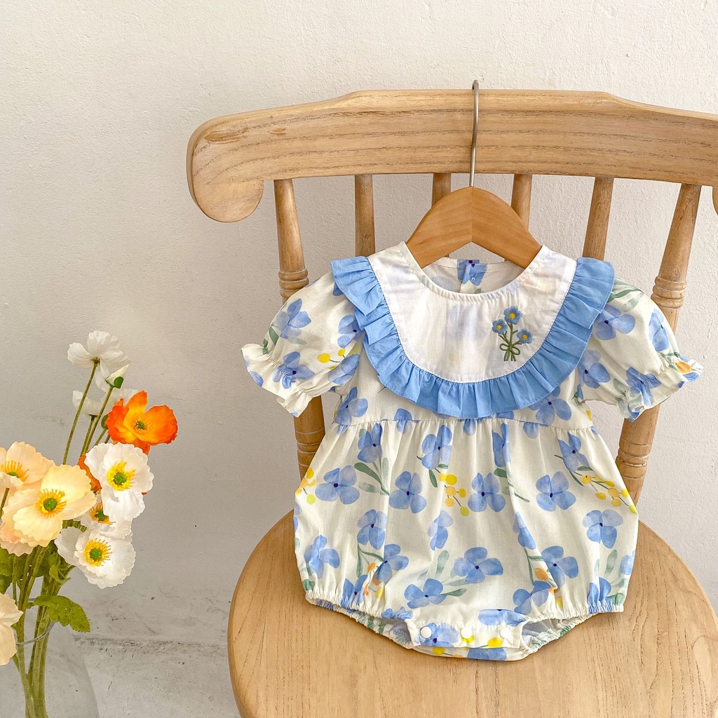 < Hàng Có Sẵn Miễn Phí Vận Chuyển > Áo Liền Quần Ngắn Tay Vải Cotton Thêu Hoa Phong Cách Phương Tây Cho Bé Gái