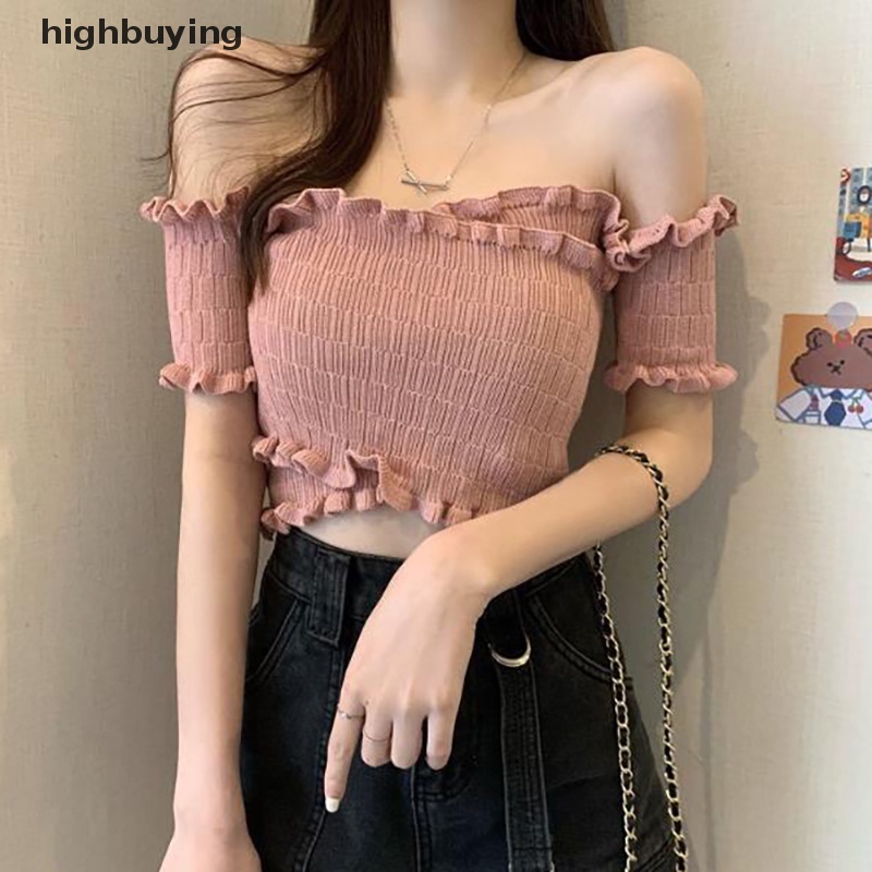 Áo Croptop Dệt Kim Trễ Vai Tay Ngắn Thời Trang Mùa Hè Cho Nữ