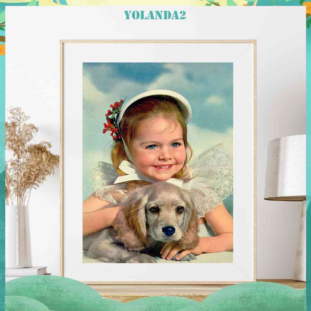 Tranh Đính Đá Kim Cương Toàn Bộ 5D DIY Hình Vẽ Chó Bé Gái Trang Trí Tường