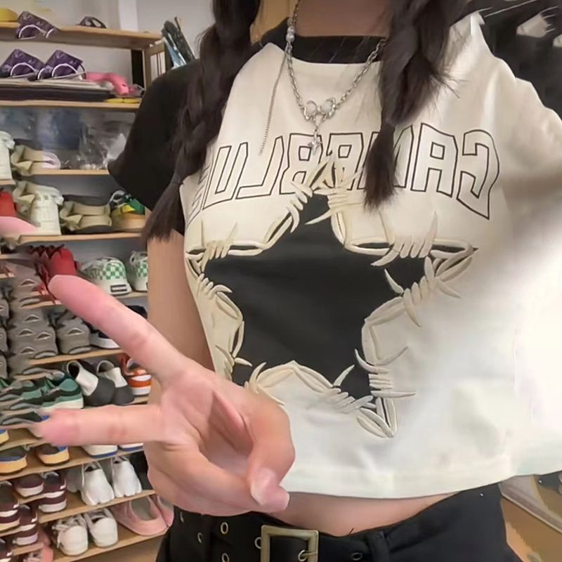 Áo Thun Croptop In Họa Tiết Ngôi Sao Tương Phản Phong Cách retro Mỹ Thời Trang Mùa Hè Cho Nữ