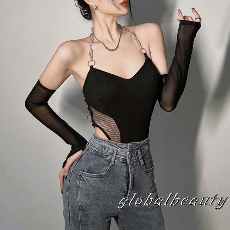 Bộ Áo Liền Quần Cổ Yếm Phối Lưới + Tay Áo Cánh Tay Màu Đen Thời Trang Cho Nữ