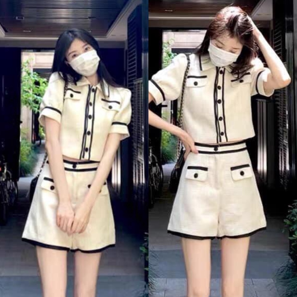 set áo croptop quần đùi áo kiểu ngắn tay phồng quần short