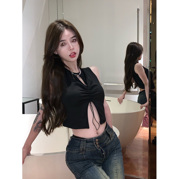 COZOK Áo Hai Dây Dáng Ngắn Form Ôm Thiết Kế Xếp Ly Cột Dây Quyến Rũ