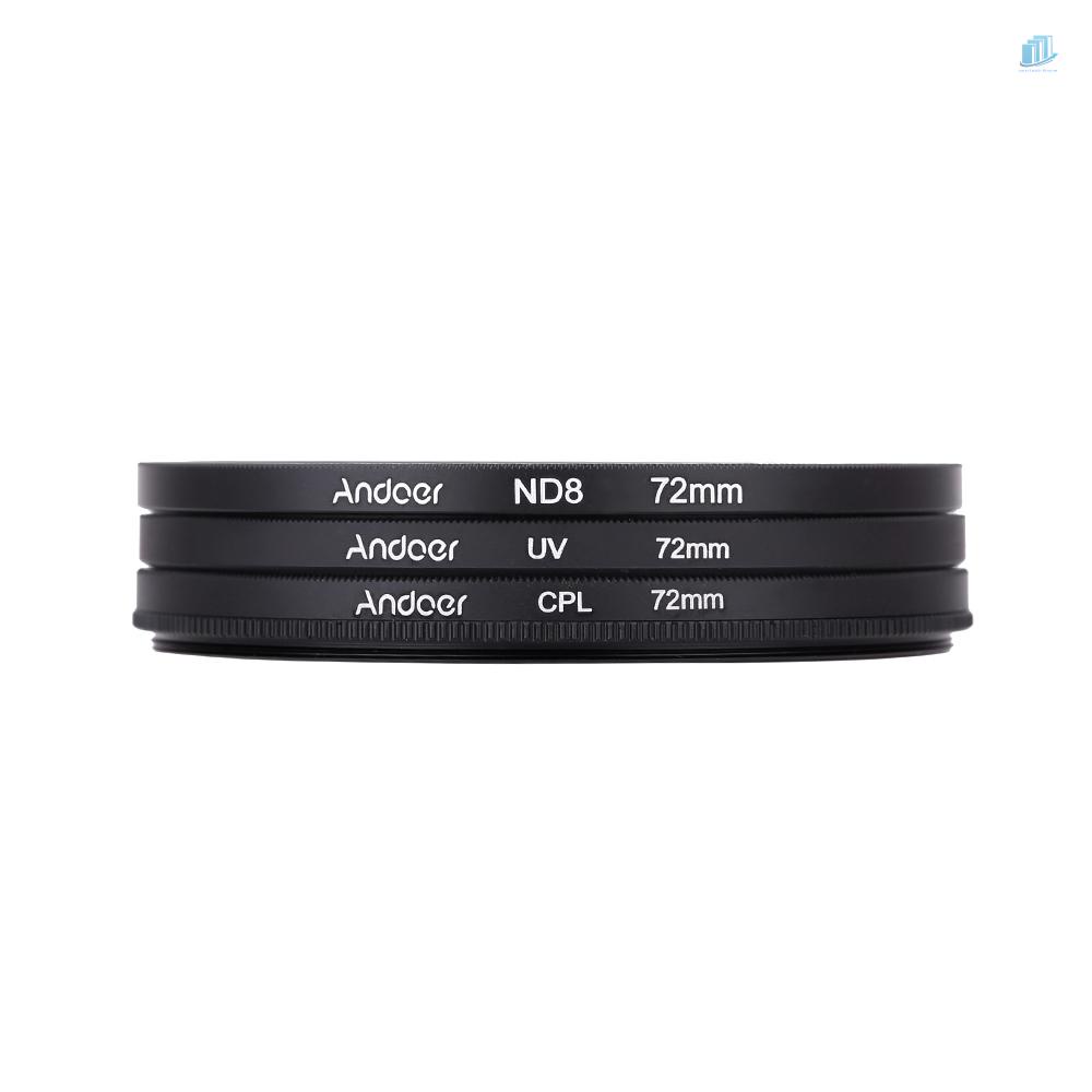 Ống Kính Phân Cực ND8 Trung Tính Andoer 72mm UV + CPL + ND8 Cho Máy Ảnh Pentax DSLR