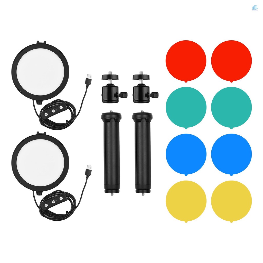 Bộ Đèn LED Hình Tròn Andoer PH-03 6 Inch 2 * 5600K USB Kèm 2 Giá Đỡ Ba Chân Để Bàn + 2 Đầu Bi Kim Loại Linh Hoạt