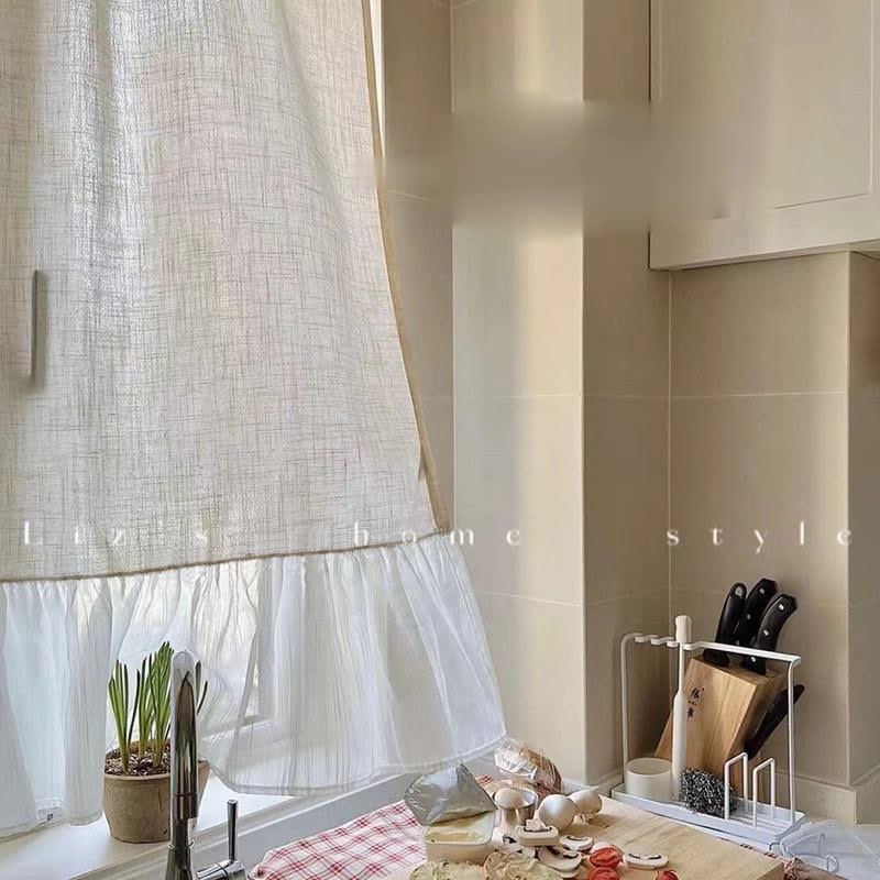 Rèm cửa sổ linen be vintage phối voan trắng nhún bèo,màn cửa vải dày dặn chống nắng decor trang trí phòng ngủ