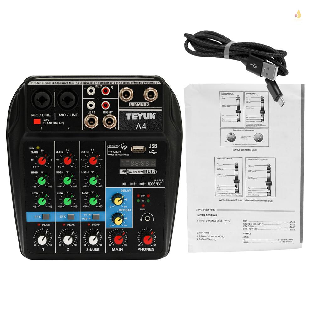 Máy Trộn Âm Thanh BT TU04 5V 2A Phantom Power Monitor AUX Paths Plus Hiệu Ứng 4 Kênh Kèm USB