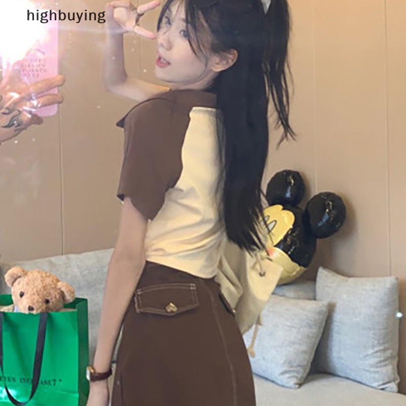 Áo Thun Lửng Tay Ngắn Màu Sắc Tương Phản Phong Cách Retro Cho Nữ