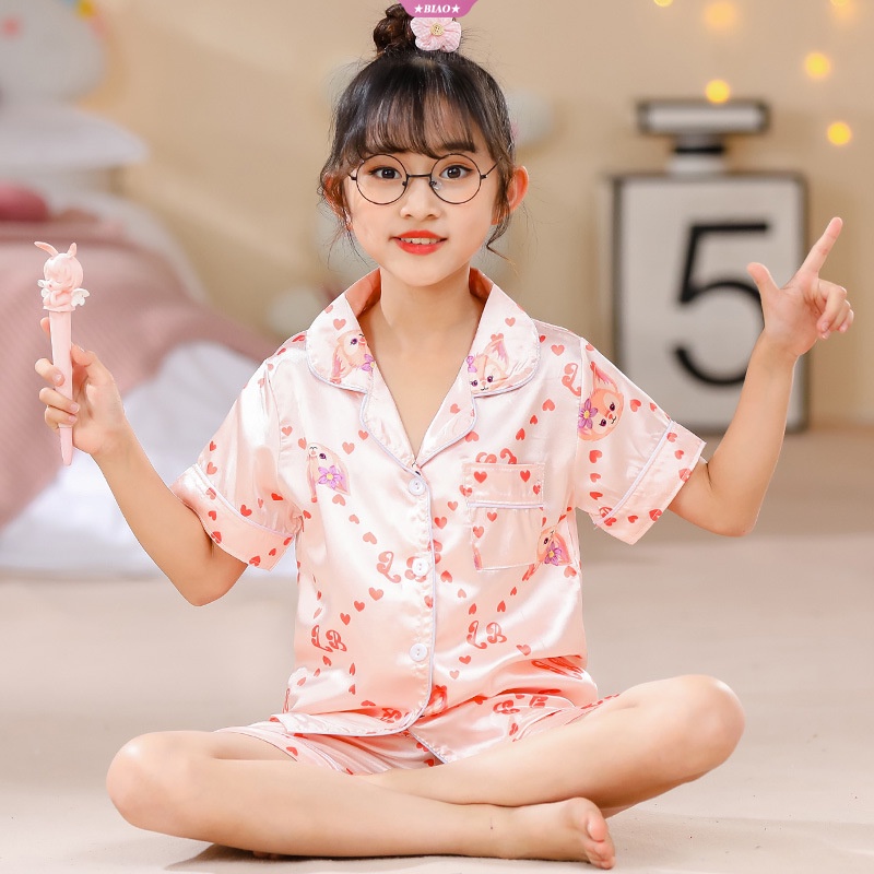 Bộ Đồ Ngủ Tay Ngắn Bằng Lụa Lạnh In Họa Tiết Kuromi My Melody Cinnamoroll Dễ Thương Thời Trang Mùa Hè Cho Bé Gái