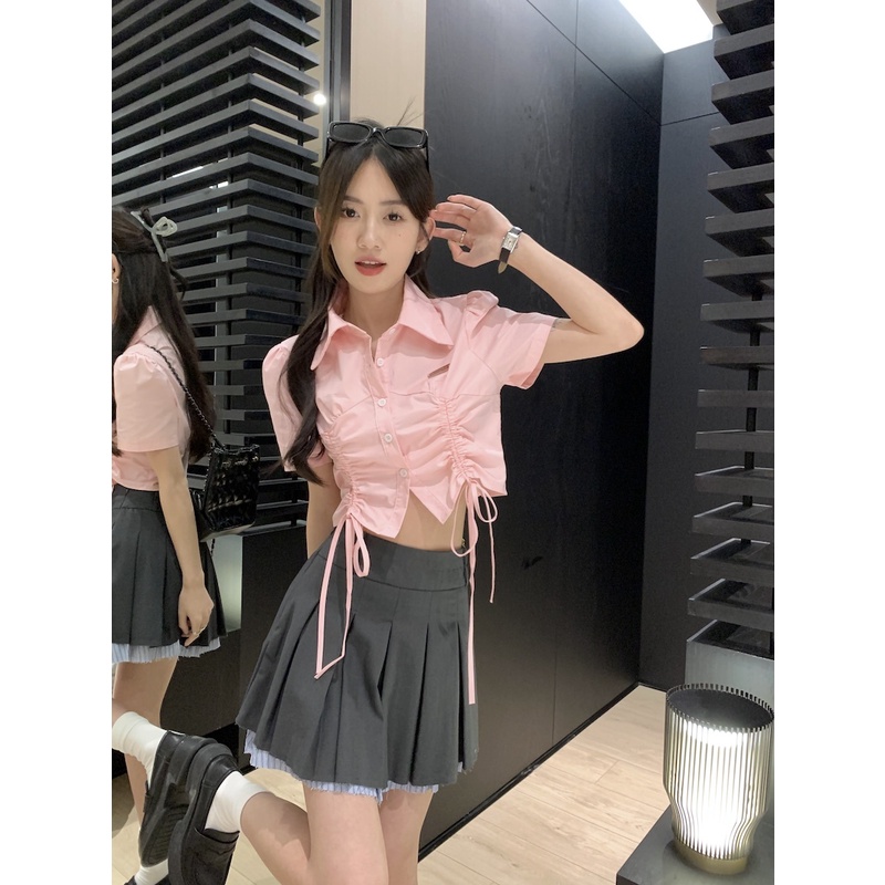 Áo Sơ Mi Tay Ngắn Phối Dây Rút Thiết Kế Đơn Giản Thời Trang Mùa Hè Năng