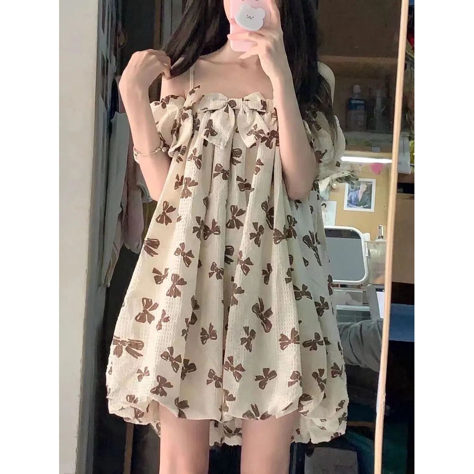 Set Đầm Hoa Xanh Lá + Áo Sơ Mi Tay Phồng Trẻ Trung Xinh Xắn Dành Cho Nữ