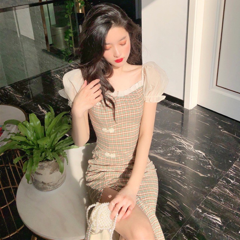 [Hàng Quảng Châu]SP108 Váy dàiphối voan tay bồng xẻ tà siêu xinh