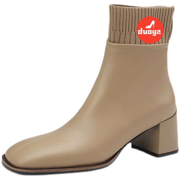 Giày Bốt Cao Gót Martin Cao Su PU Mỏng Ống Ngắn Phối Khóa Kéo Thời Trang Thu Đông 2022 Cho NữGiày Bốt Mũi Vuông Đế Dày 6-8cm Thiết Kế Dễ Thương