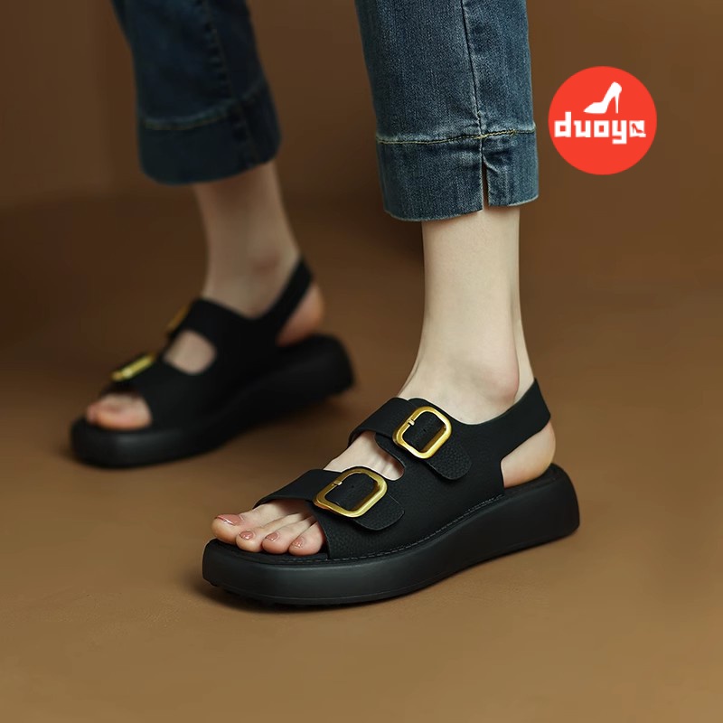 Duoya Tóc Thẳng ~ [Hàng Có Sẵn] Giày Sandal Da Thật Đế Xuồng Mềm Phẳng Có Khóa Cài Phong Cách bao Đơn Giản Đi Biển Miễn Phí Vận Chuyển