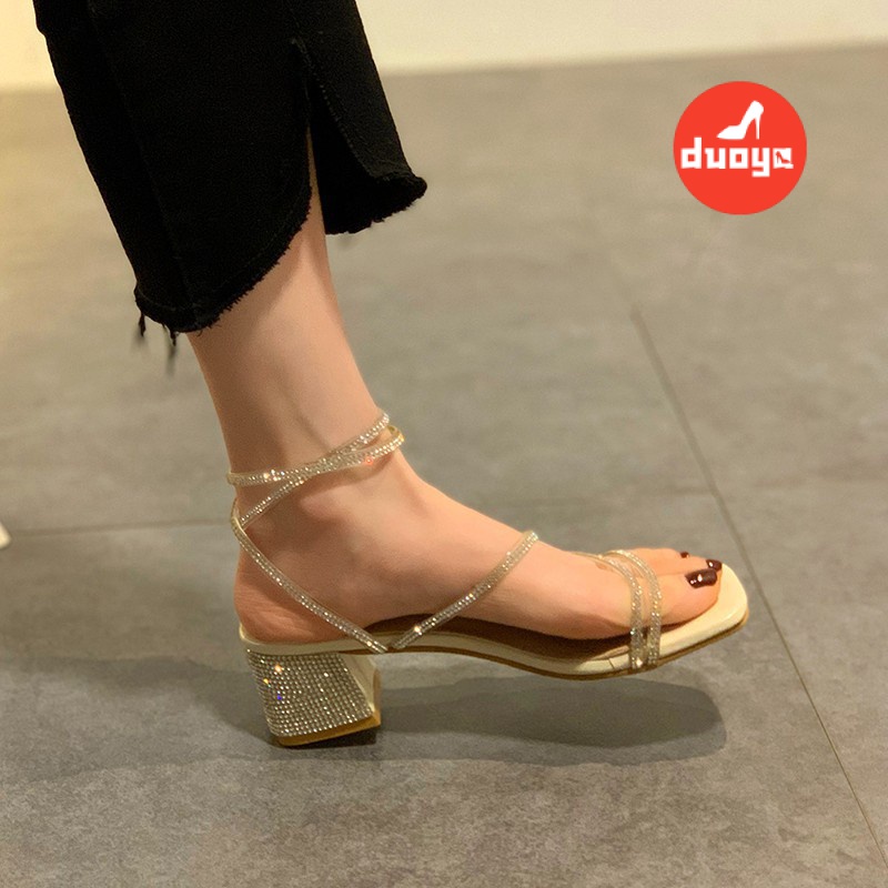 Duoya Tóc Thẳng ~ [Hàng Có Sẵn] Sandal Cao Gót Dày Dây Buộc Hình Rắn Đính Đá Bạc Dành Cho Nữ Miễn Phí Vận Chuyển