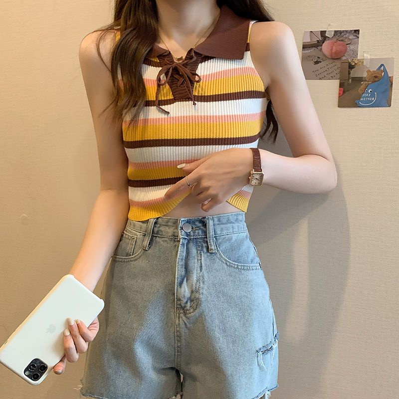 Áo Hai Dây Cổ Polo Họa Tiết Kẻ Sọc Màu Tương Phản Phong Cách Retro Thời Trang Mùa Hè Cho