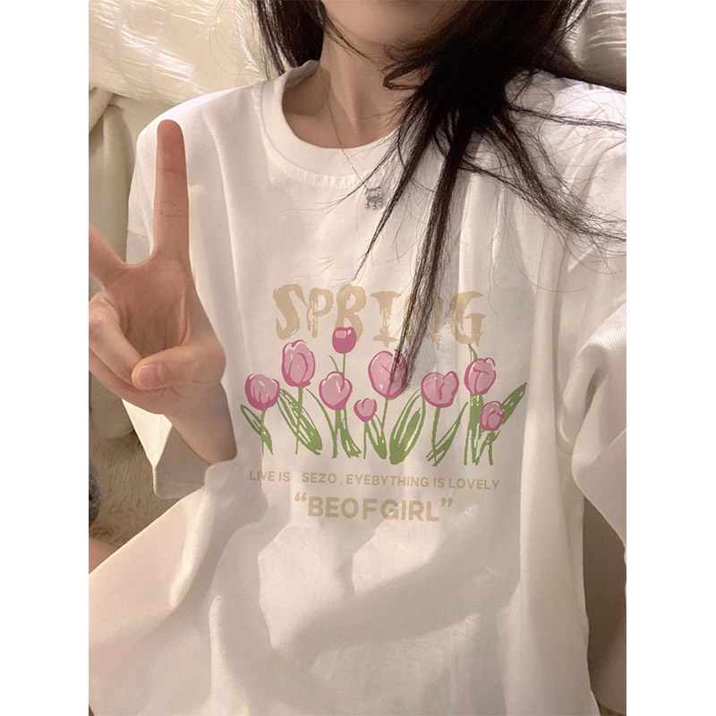 Áo Thun Nữ Ngắn Tay In Hoa Phong Cách Hàn Quốc