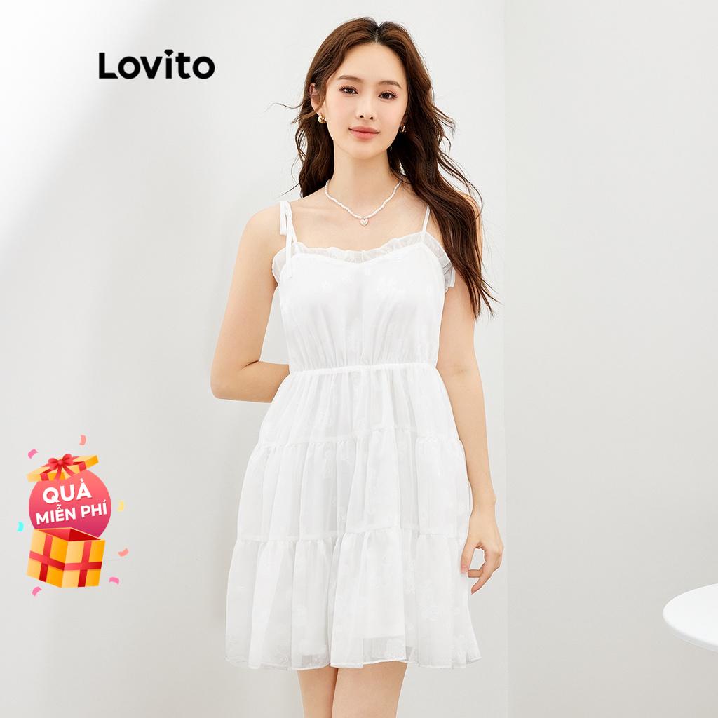 Đầm suông chữ A thêu ren kiểu dáng đơn giản Lovito L39ED022 (Trắng)